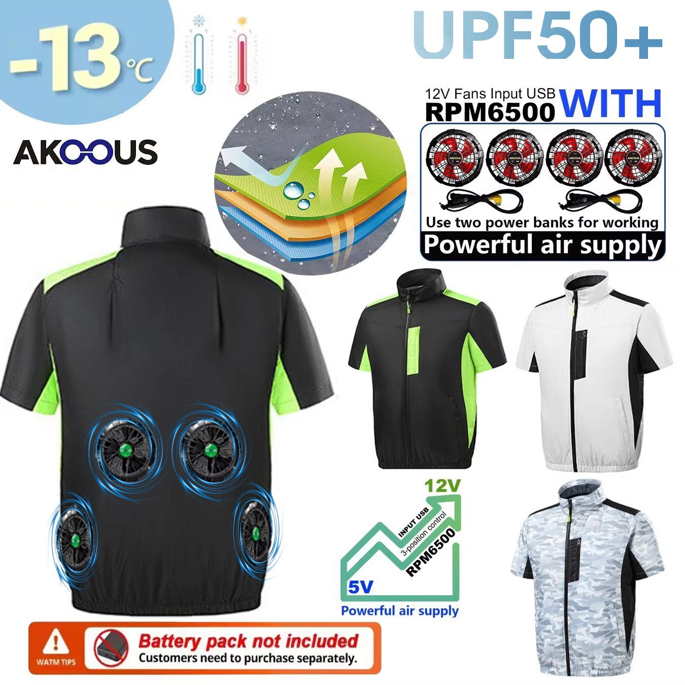 Outdoor Adventure Clothing - 12V 5V USB Cooling 4 Fans